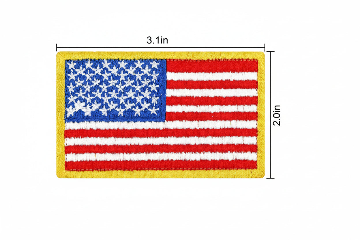 American flag patch with dimensions on a white background