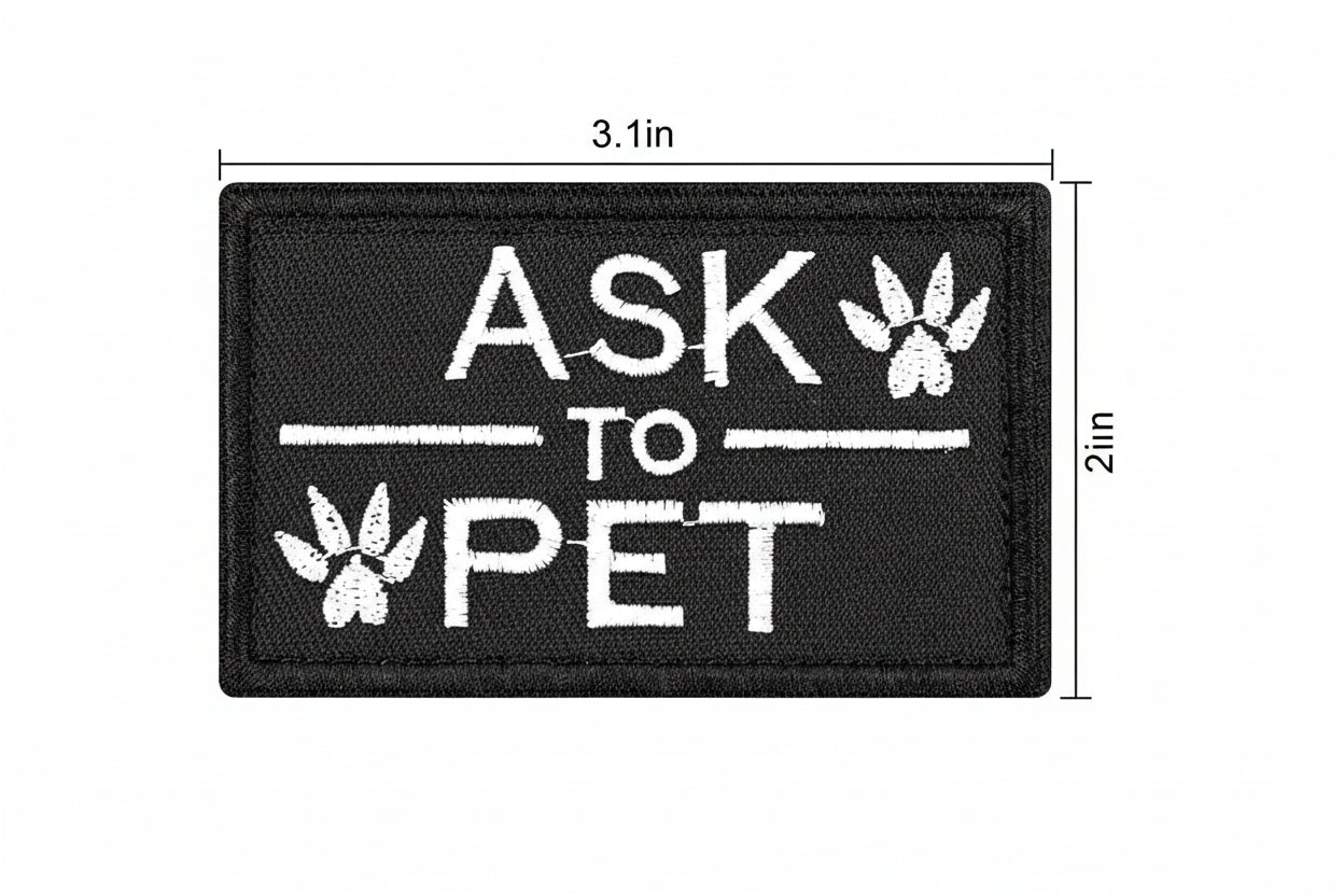 Black patch with 'Ask to Pet' text and paw prints, shown with dimensions.