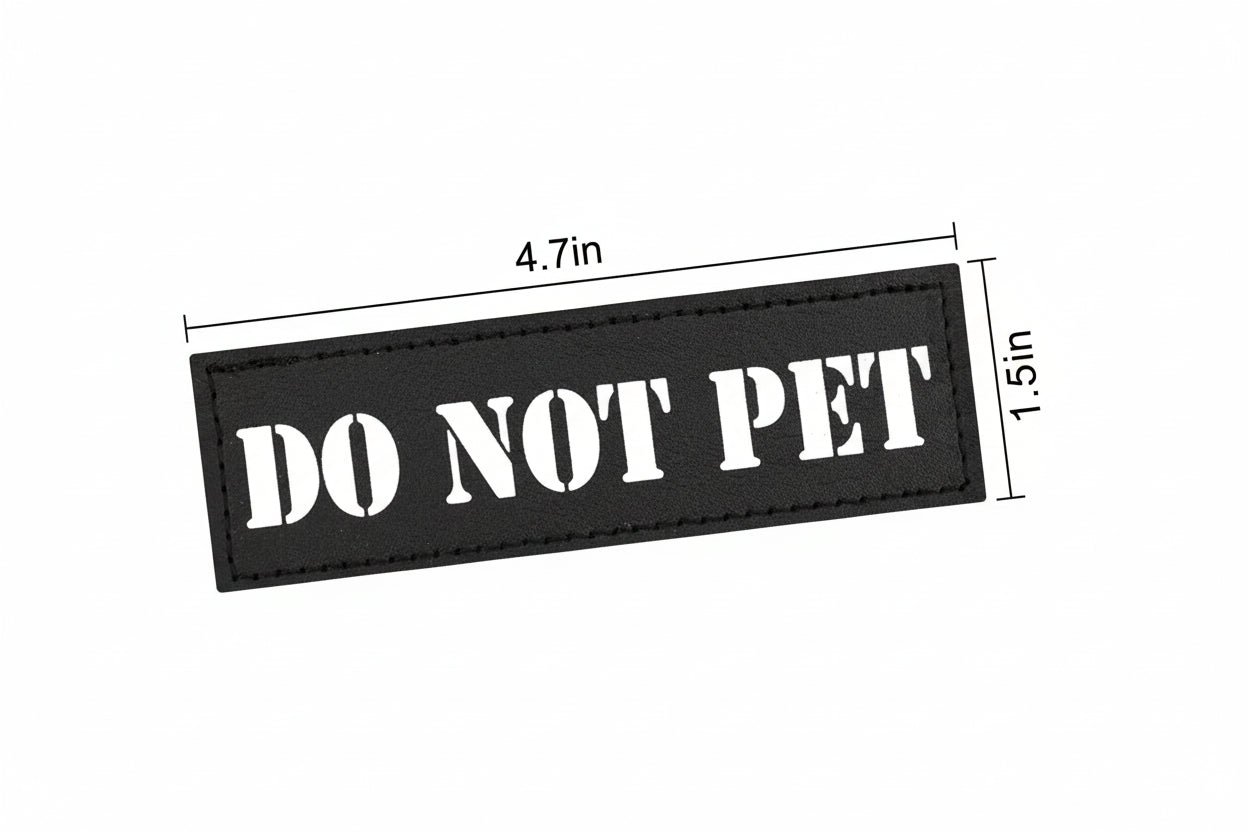 Black patch with 'DO NOT PET' text and dimensions on a white background