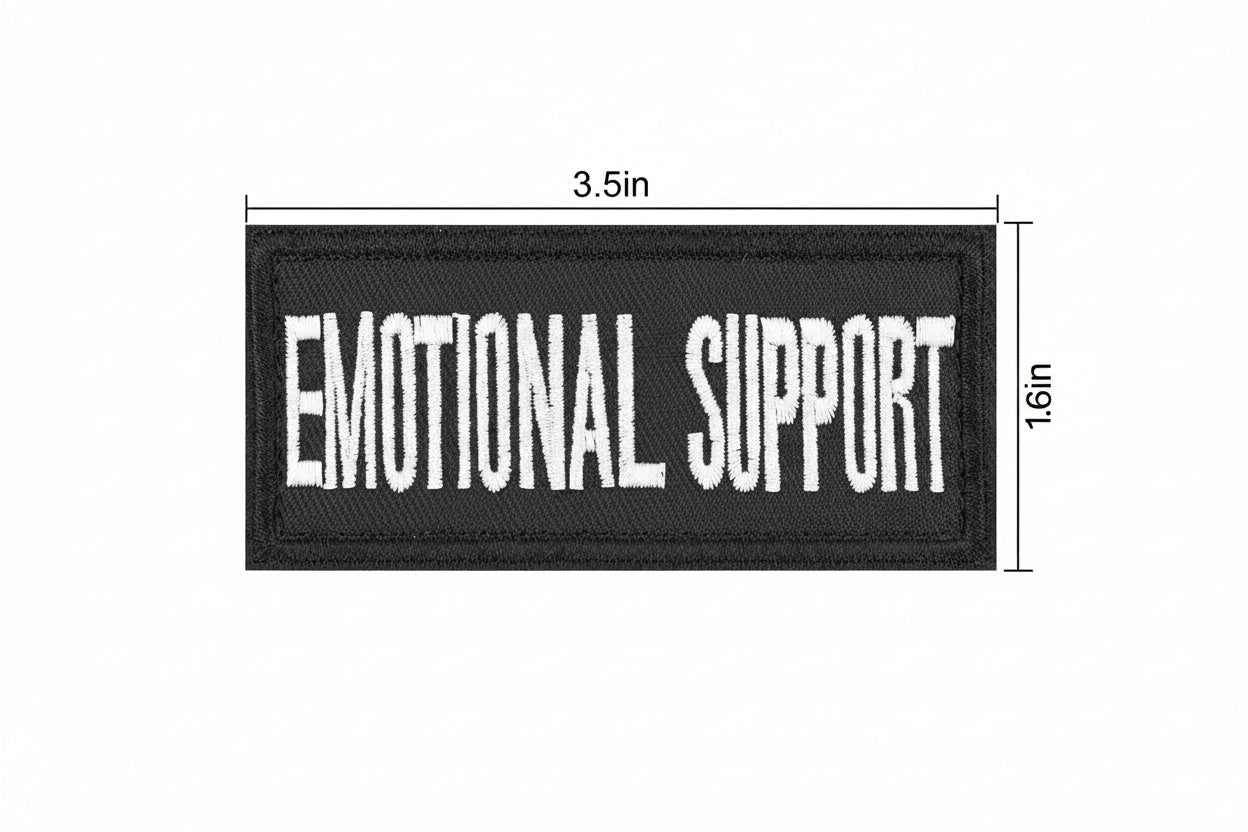 Black patch with 'EMOTIONAL SUPPORT' text and dimensions on a white background