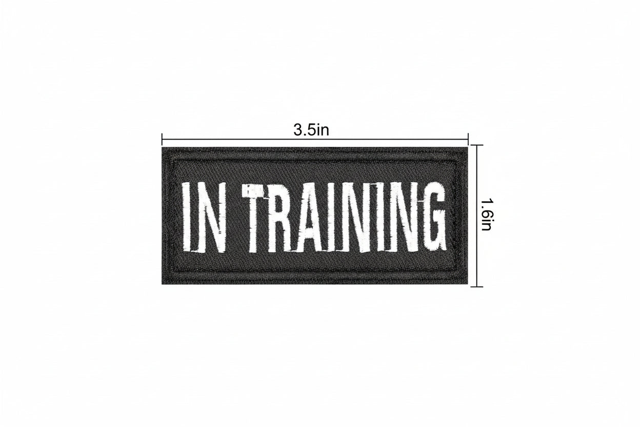 Black patch with 'IN TRAINING' text and dimensions on a white background