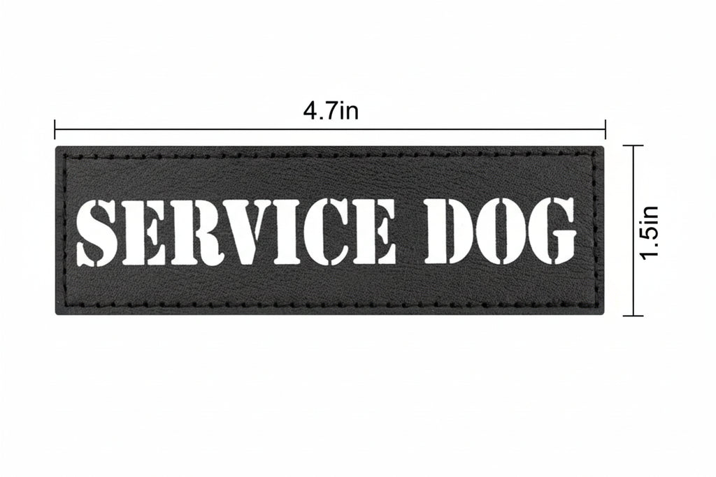 Black patch with 'SERVICE DOG' text and dimensions on a white background