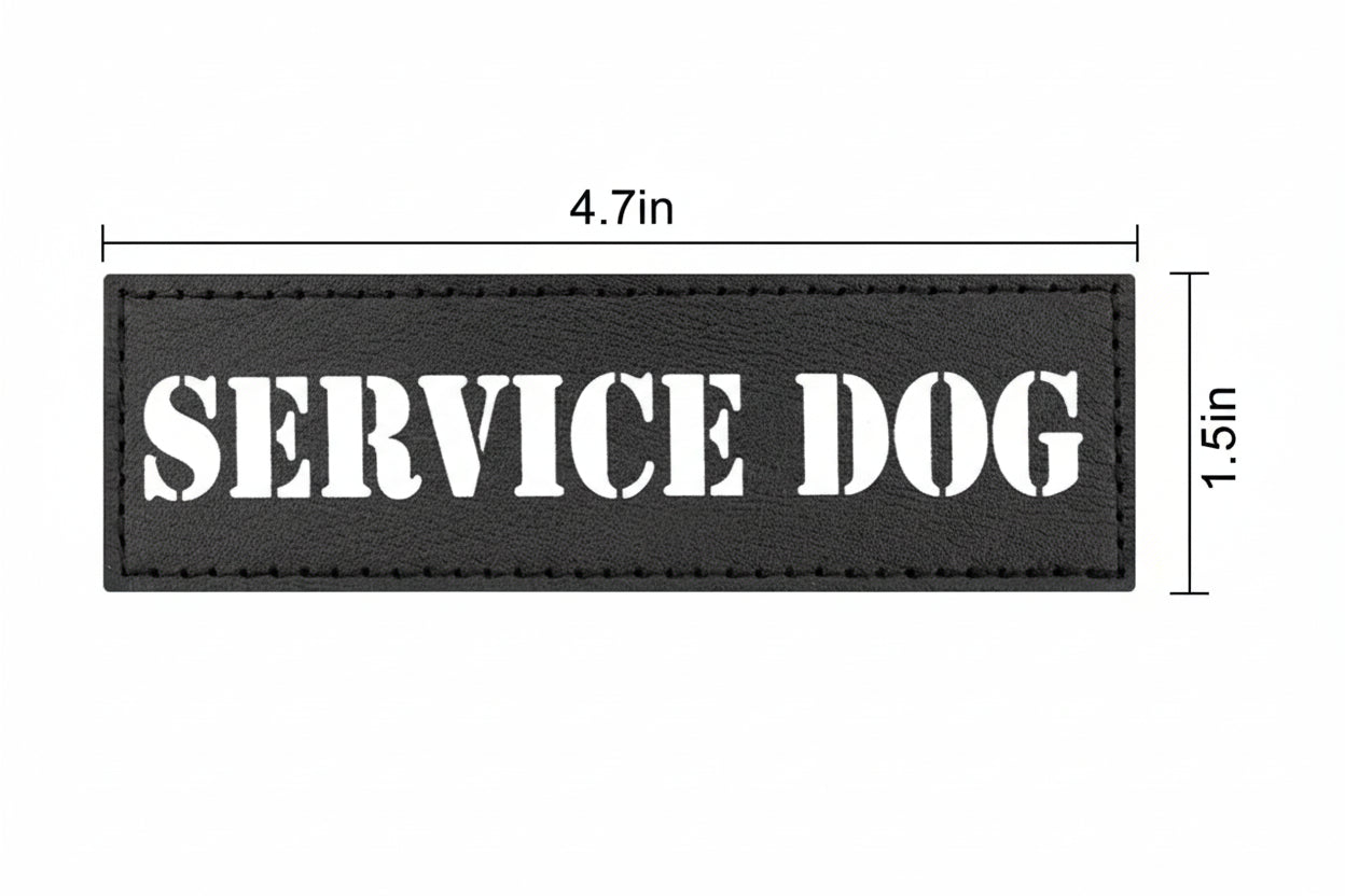 Black patch with 'SERVICE DOG' text and dimensions on a white background