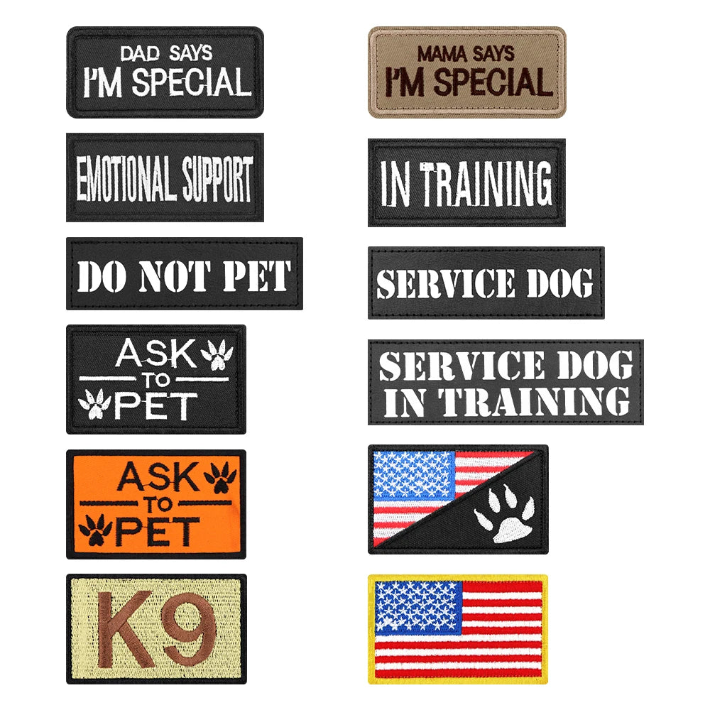 Collection of service dog patches with various messages on a white background.