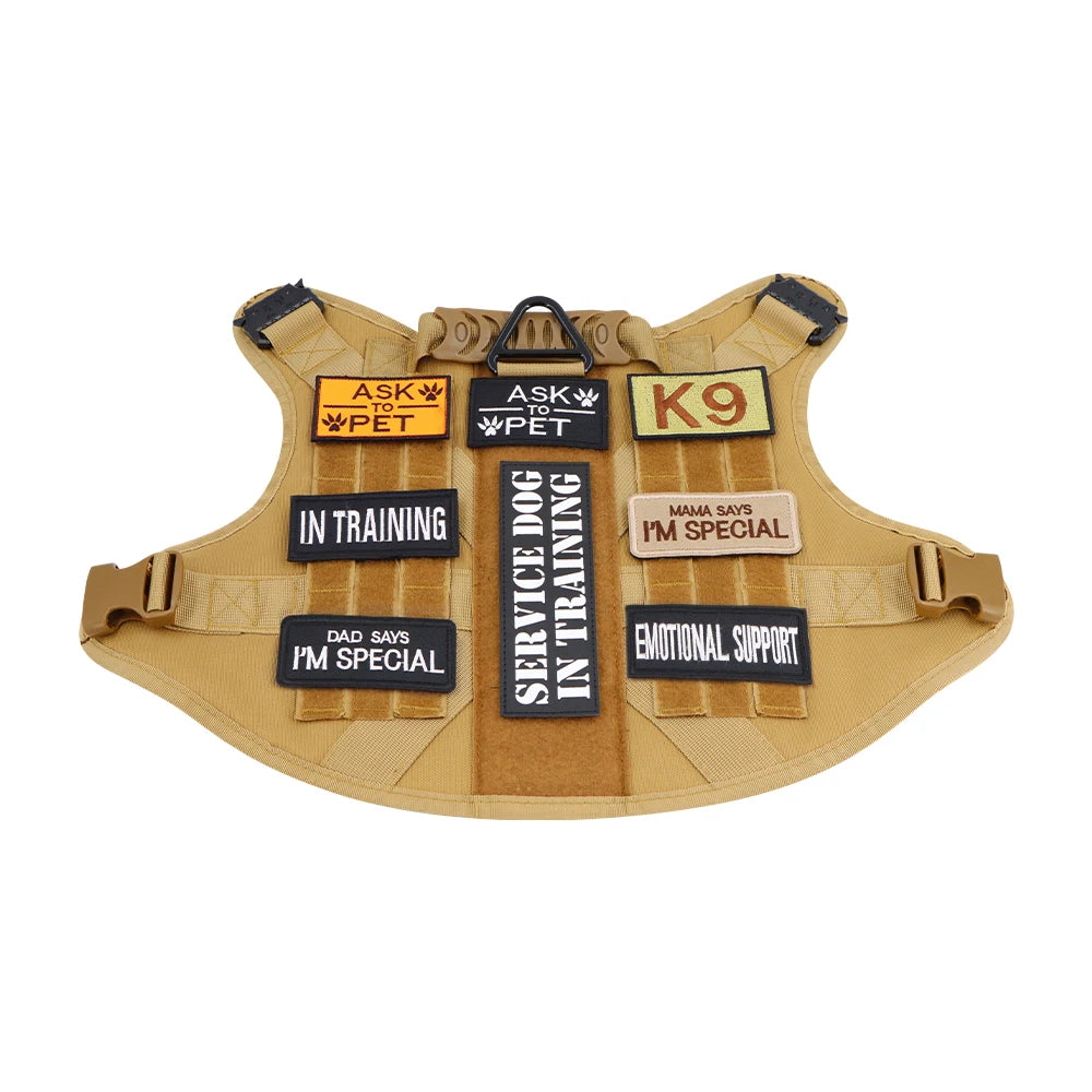 Tan dog vest with various patches on a white background